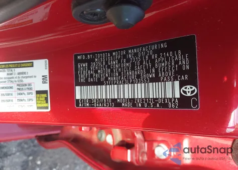 2020 Toyota Corolla Le from USA, damaged, VIN 5YFEPRAE3LP103553